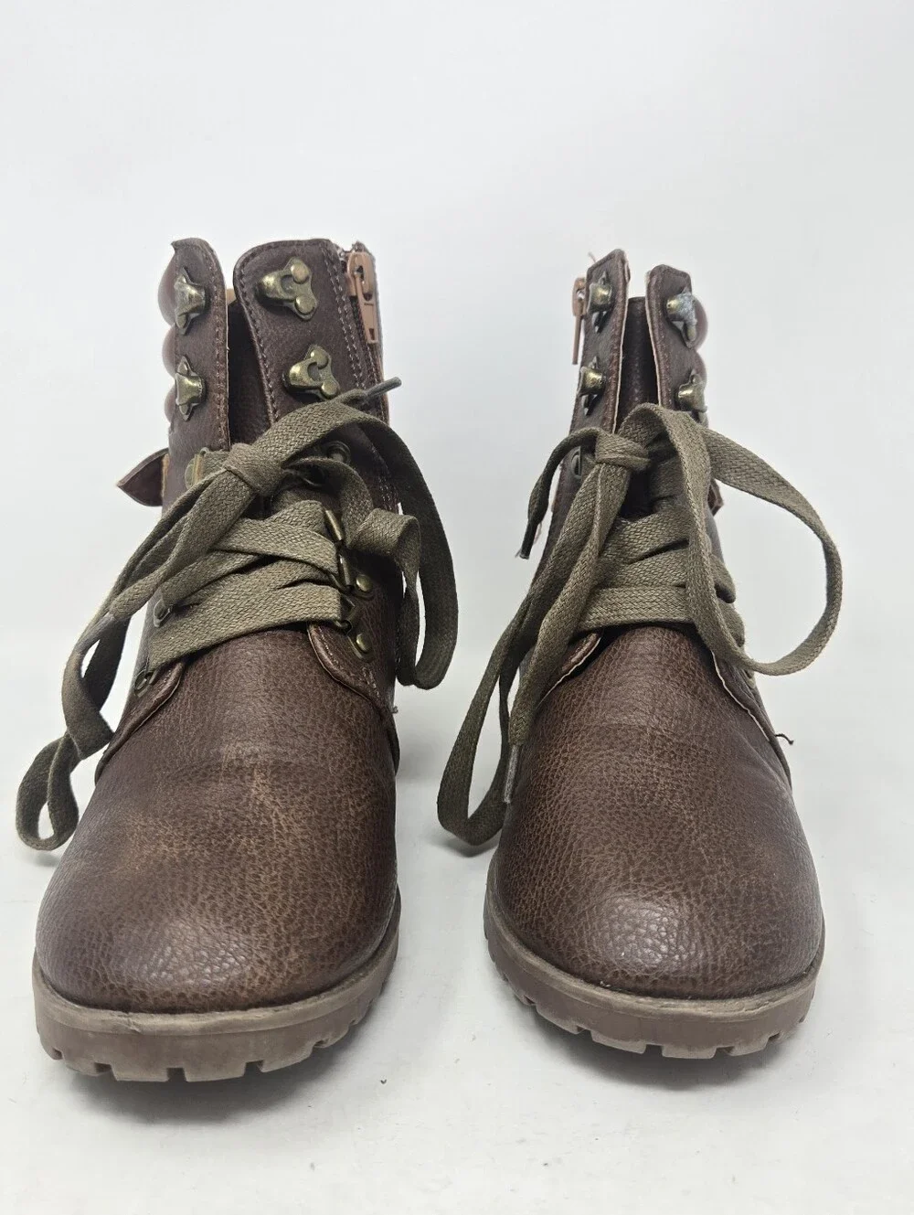 MIA Girl Brown Leather Lace Up Block Heel Combat Boots Girls Size 3M